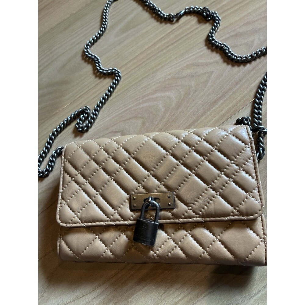 Kurt Geiger Quilted Leather Shoulder Bag-Chain Strap-Padlock-Geiger Lining-Beige